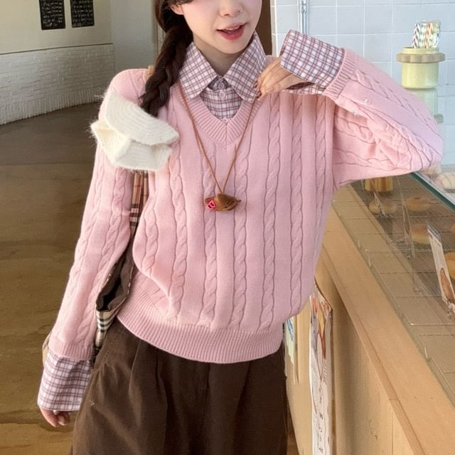 KUMI-Mock Two-Piece Collared Plaid Panel Cable Knit Sweater