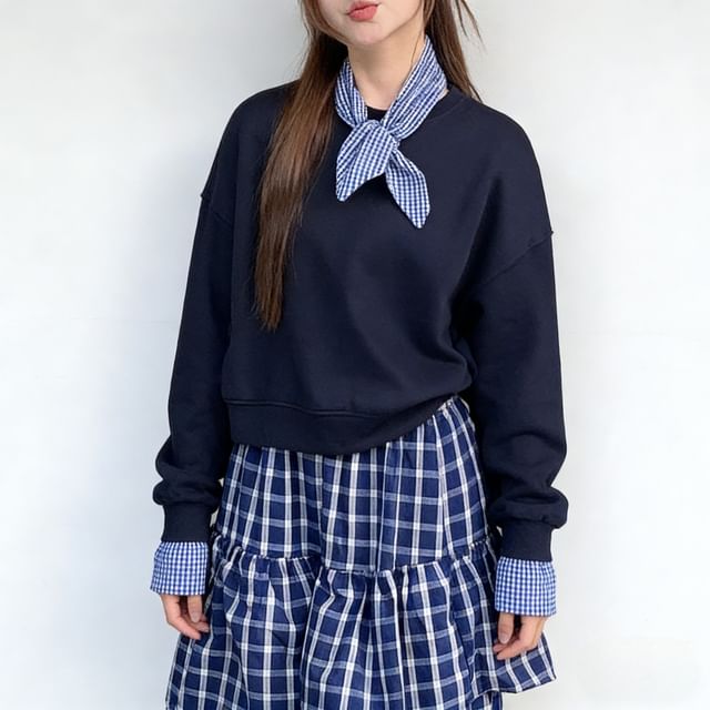KUMI-Mock Two-Piece Crew Neck Plaid Panel Sweatshirt