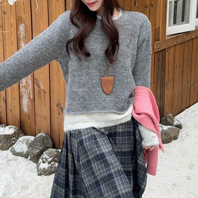 KUMI-Mock Two-Piece Crew Neck Two Tone Sweater