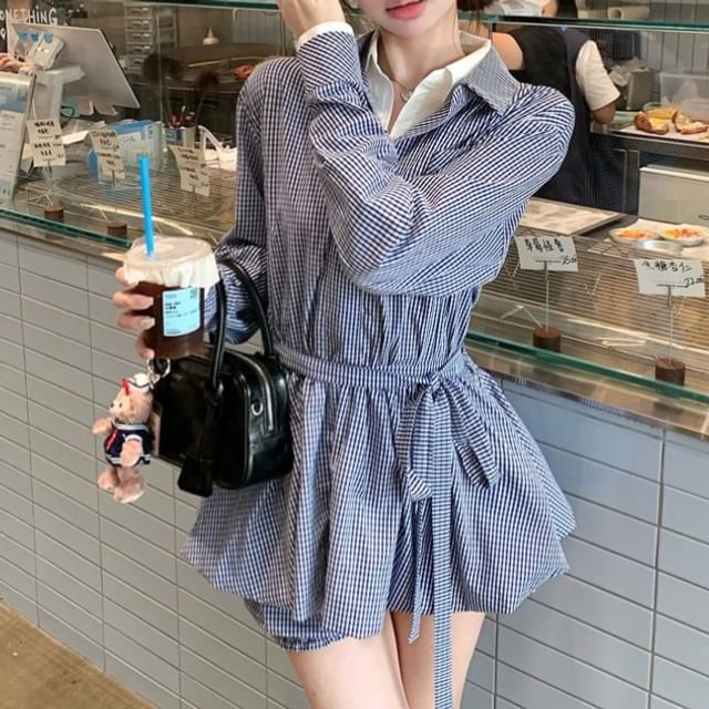 KUMI-Mock Two-Piece Long-Sleeve Collared Gingham Bubble Hem Mini A-Line Dress