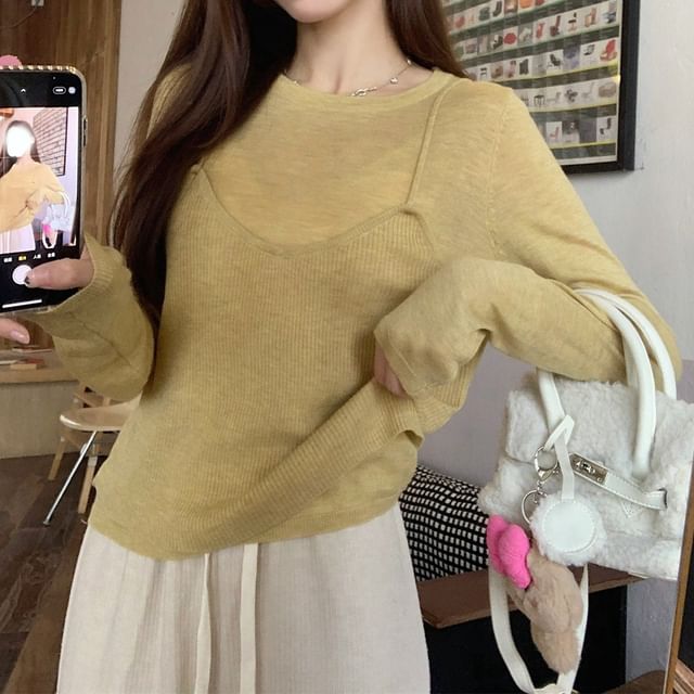 KUMI-Mock Two-Piece Long-Sleeve Plain Top
