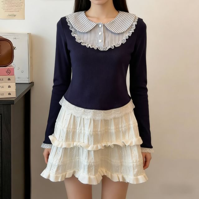 KUMI-Mock Two-Piece Long-Sleeve Striped Panel Top