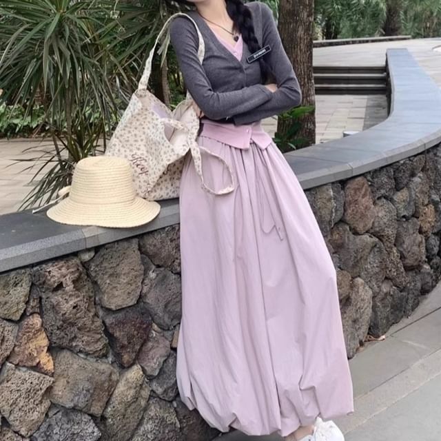 KUMI-Mock Two-Piece Long-Sleeve Two Tone Button Knit Top Drawstring Waist Plain Bubble Hem Midi A-Line Skirt