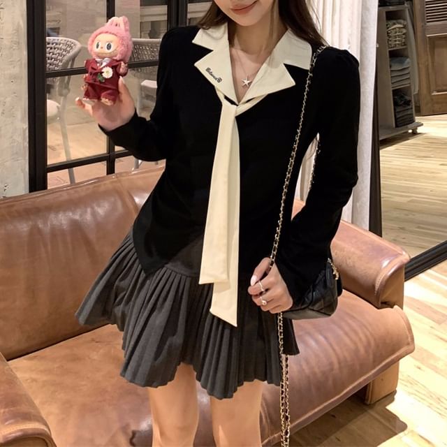 KUMI-Mock Two-Piece Long-Sleeve Two Tone Polo Top