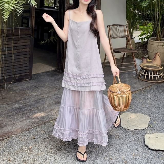 KUMI-Mock Two-Piece Spaghetti Strap Plain Mesh Panel Frill Trim Maxi A-Line Dress