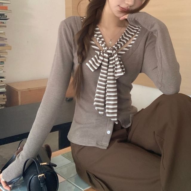 KUMI-Mock Two-Piece Tie-Neck Striped Panel Button-Up Cardigan