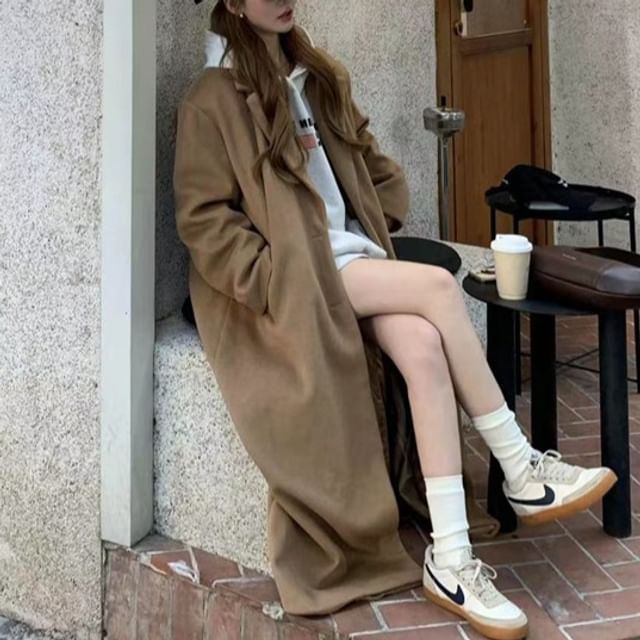 KUMI-Notch Lapel Button-Up Plain Long Coat