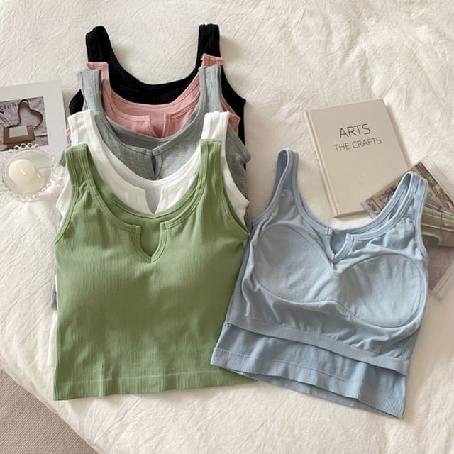 KUMI-Notch Neck Plain Padded Crop Tank Top