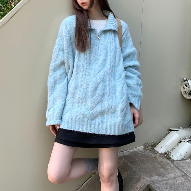 KUMI-Off Shoulder Half Zip Plain Sweater