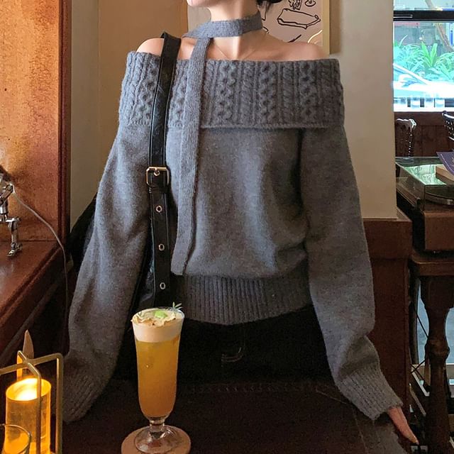 KUMI-Off-Shoulder Plain Cable Knit Sweater