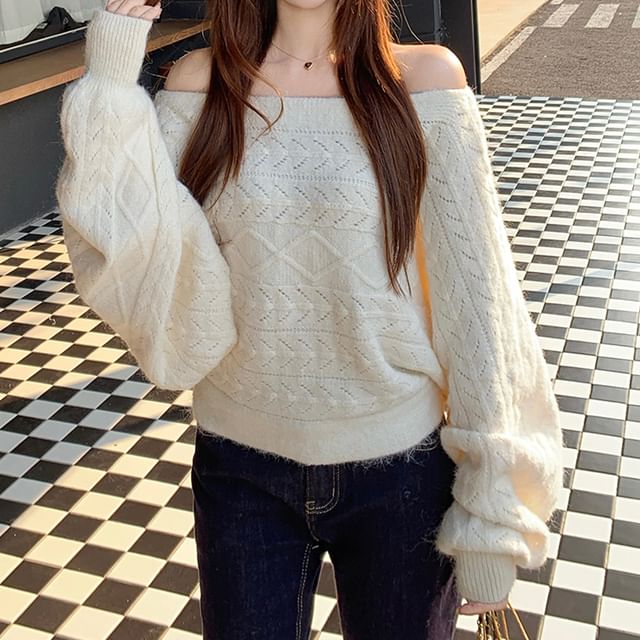 KUMI-Off-Shoulder Plain Pointelle Sweater