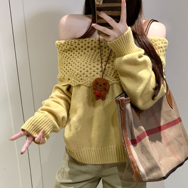 KUMI-Off-Shoulder Pointelle Knit Sweater
