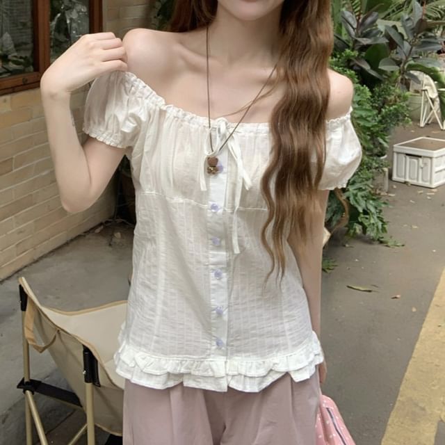 KUMI-Off-Shoulder Puff-Sleeve Plain Ruffled Button-Up Blouse