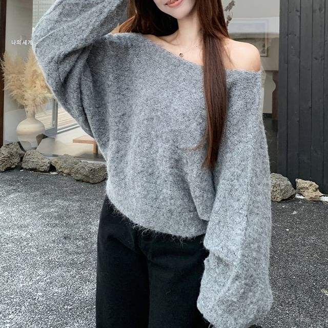 KUMI-Off-Shoulder Puff-Sleeve Plain Sweater