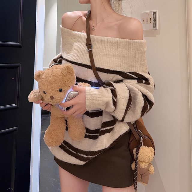 KUMI-Off-Shoulder Striped Cable Knit Sweater