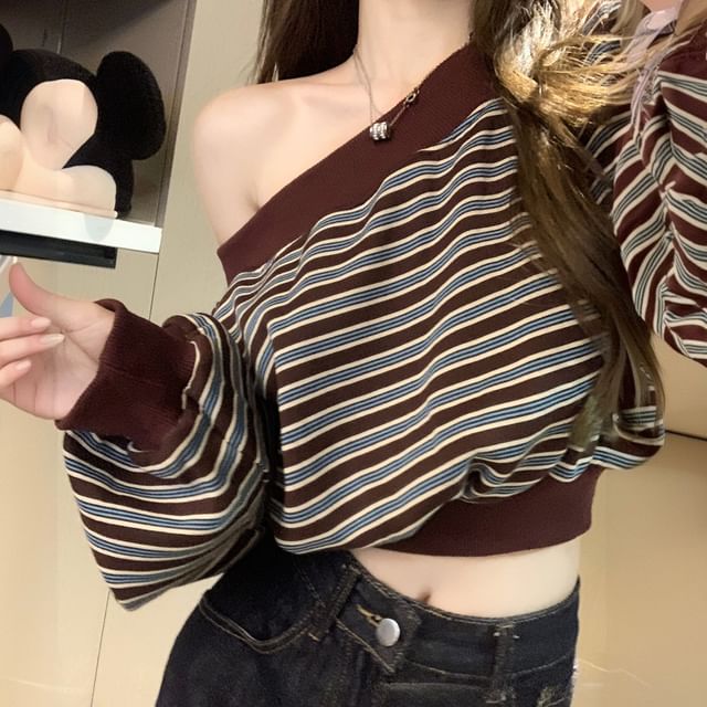 KUMI-Off-Shoulder Striped Cropped Sweatshirt