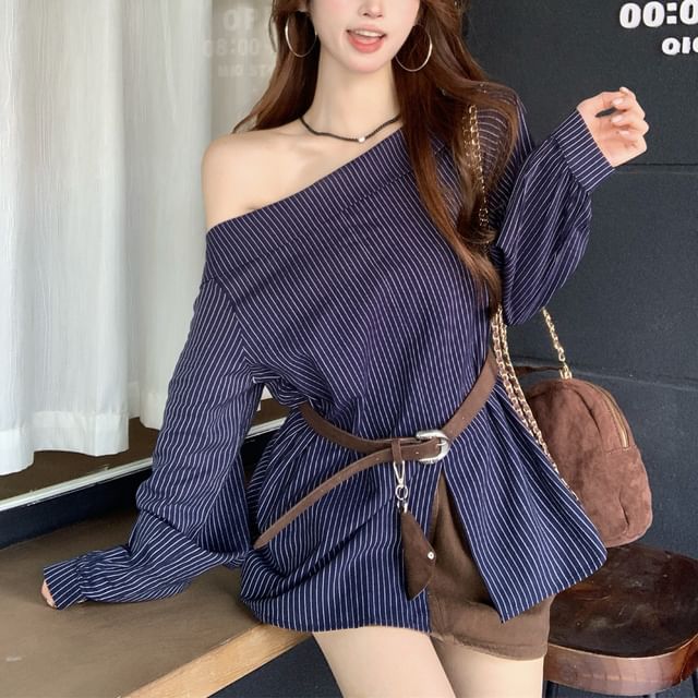 KUMI-One-Shoulder Dotted Striped Panel Blouse