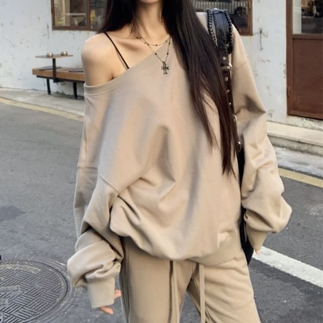 KUMI-One Shoulder Plain Sweatshirt Drawstring Waist Flared Sweatpants
