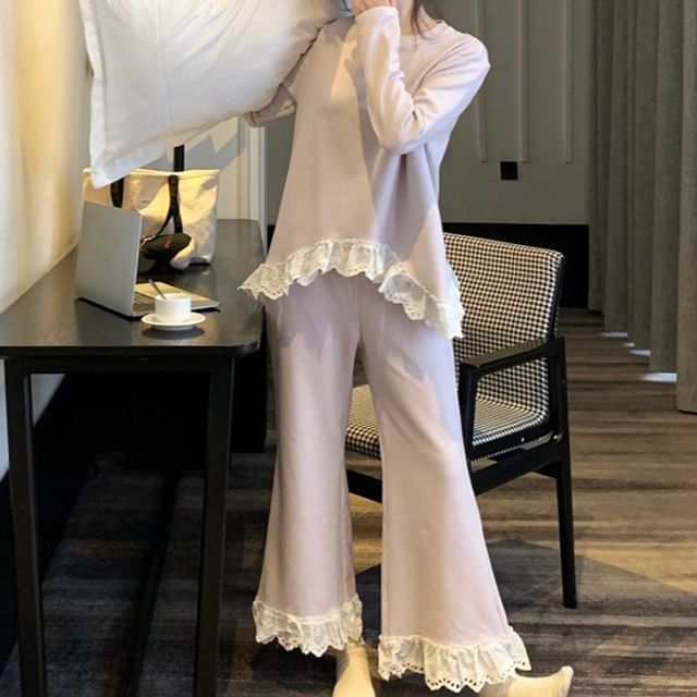 KUMI-Pajama Set Long Sleeve Crew Neck Striped Ruffle Panel Top High Waist Flared Pants