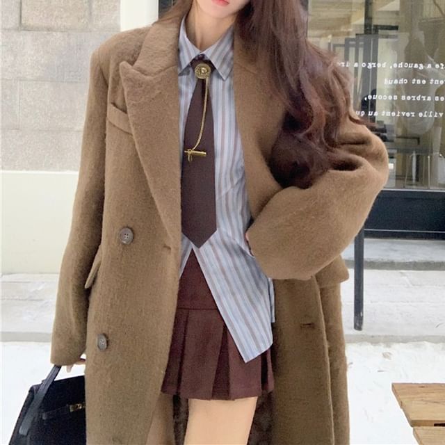 KUMI-Peak Lapel Double-Breasted Plain Long Coat Long-Sleeve Striped Button-Up Shirt High Rise Pleated Mini A-Line Skirt Necktie Set