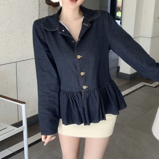 KUMI-Peplum Denim Single-Breasted Jacket