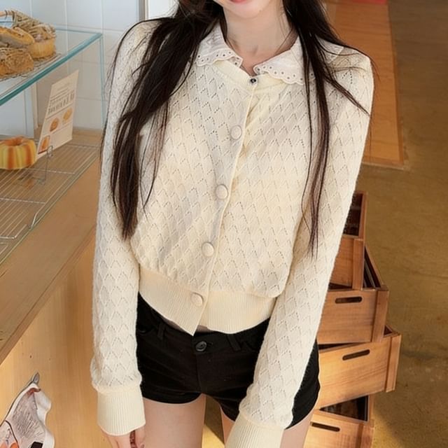 KUMI-Peter Pan Collar Perforated Button-Up Crop Cardigan