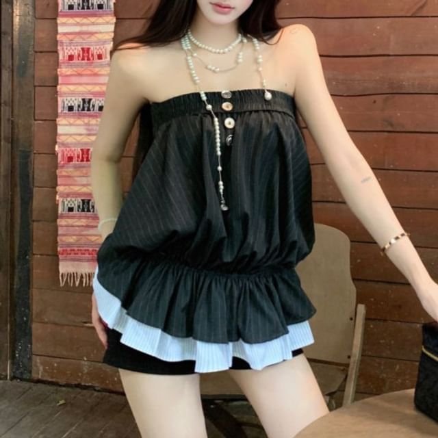 KUMI-Pinstriped Ruffle Panel Button Tube Top Plain Shorts