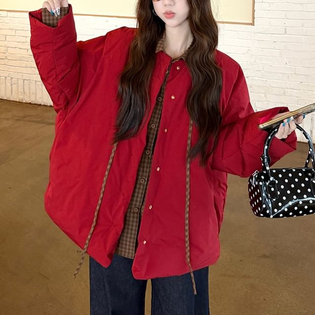 KUMI-Plaid Button-Up Shirt Padded Button-Up Jacket