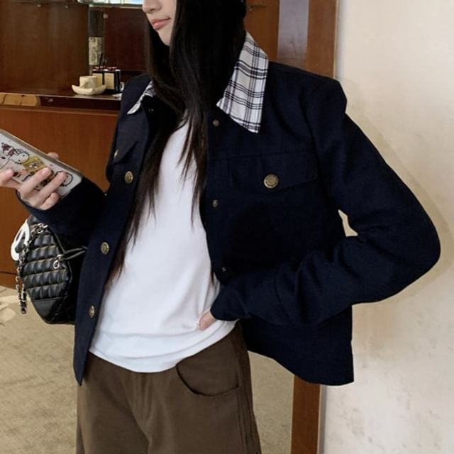 KUMI-Plaid Collar Button Jacket