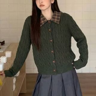 KUMI-Plaid Collar Cable Knit Cardigan