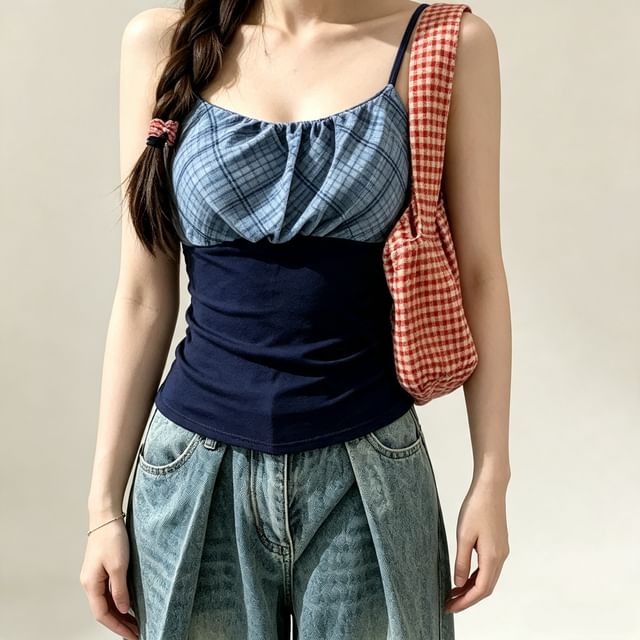 KUMI-Plaid Panel Camisole Top