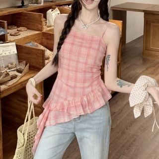 KUMI-Plaid Ruffle Asymmetrical Camisole Top