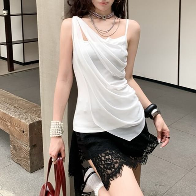 KUMI-Plain Asymmetrical Panel Mesh Camisole Top