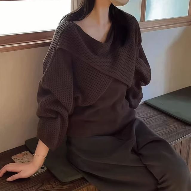 KUMI-Plain Asymmetrical Pointelle Knit Sweater