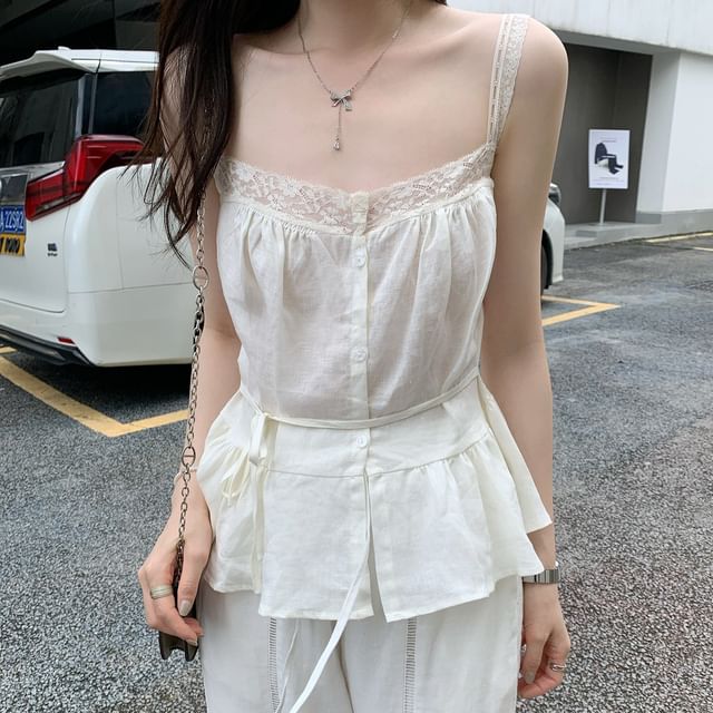 KUMI-Plain Button Panel Lace Camisole Top