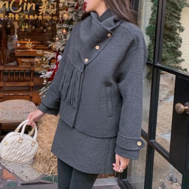 KUMI-Plain Button Up Wool Jacket High Waist Plain Mini A-Line Skirt