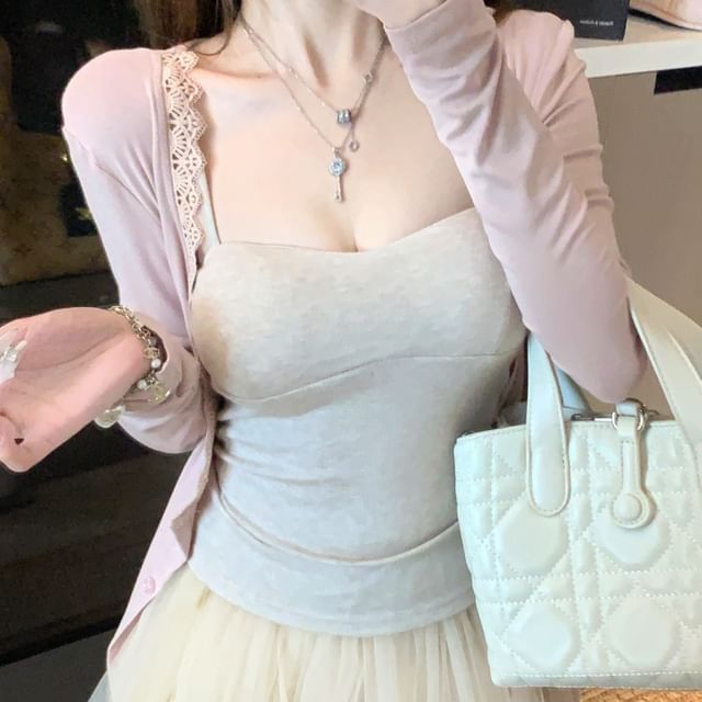 KUMI-Plain Cami Top Lace Trim Light Jacket
