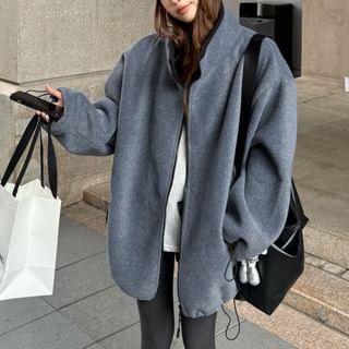 KUMI-Plain Drawstring Zip Jacket