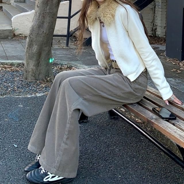 KUMI-Plain Fluffy Collar Zip Jacket High Rise Plain Wide Leg Pants