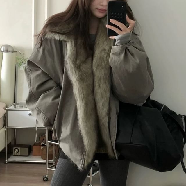 KUMI-Plain Fluffy Trim Oversized Zip Jacket