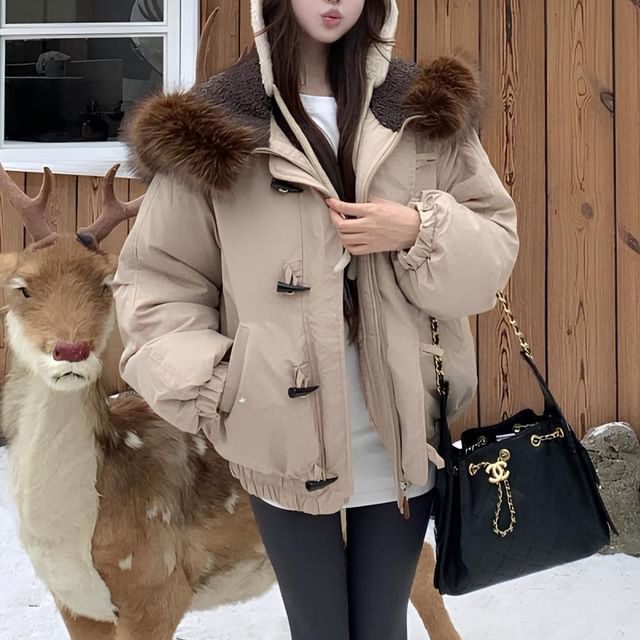 KUMI-Plain Fluffy Trim Zip Puffer Jacket