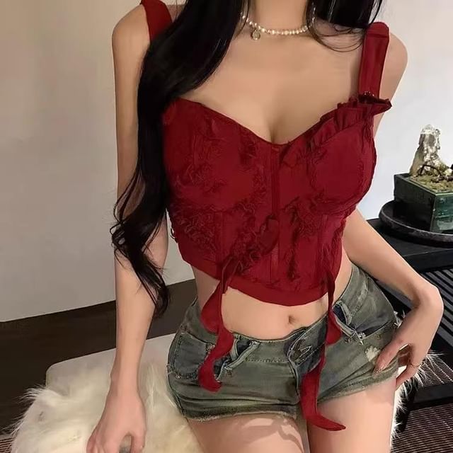 KUMI-Plain Frill Asymmetrical Crop Cami Top