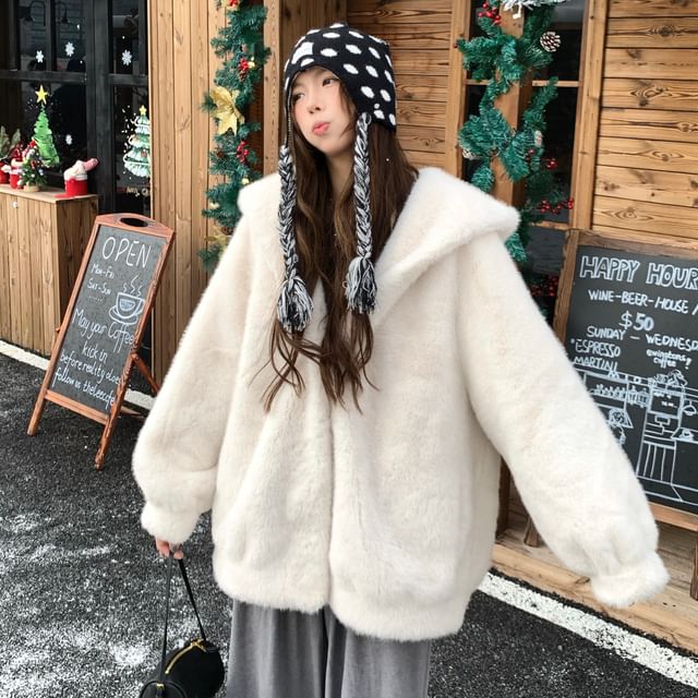 KUMI-Plain Hooded Fleece Button Jacket