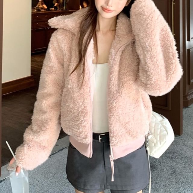 KUMI-Plain Hooded Fleece Zip Jacket