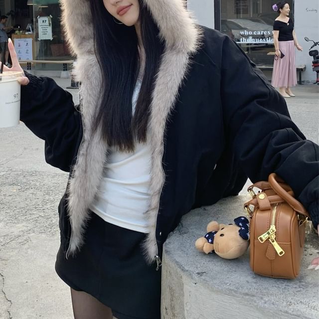 KUMI-Plain Hooded Fluffy Trim Zip Bomber Jacket