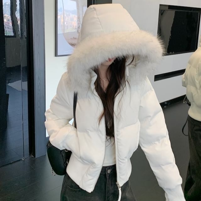 KUMI-Plain Hooded Fluffy Trim Zip Puffer Jacket