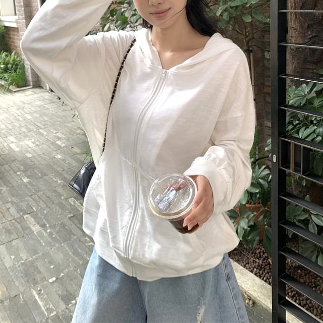 KUMI-Plain Hooded Zip Jacket