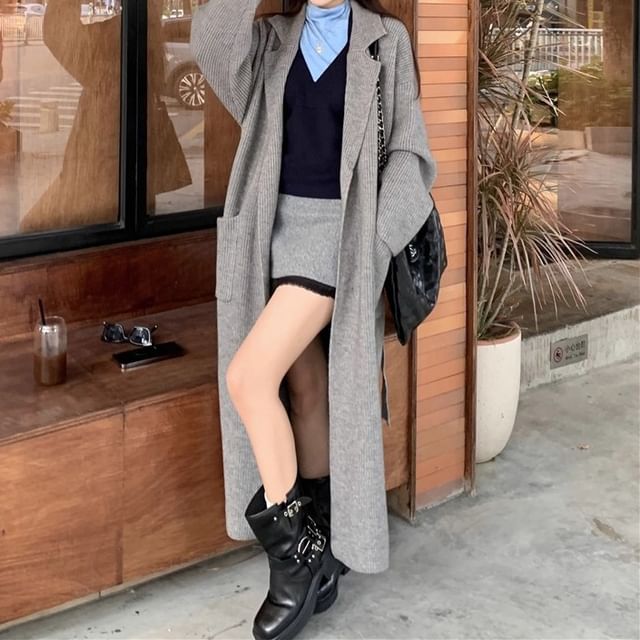 KUMI-Plain Lapel Collar Open Front Cardigan