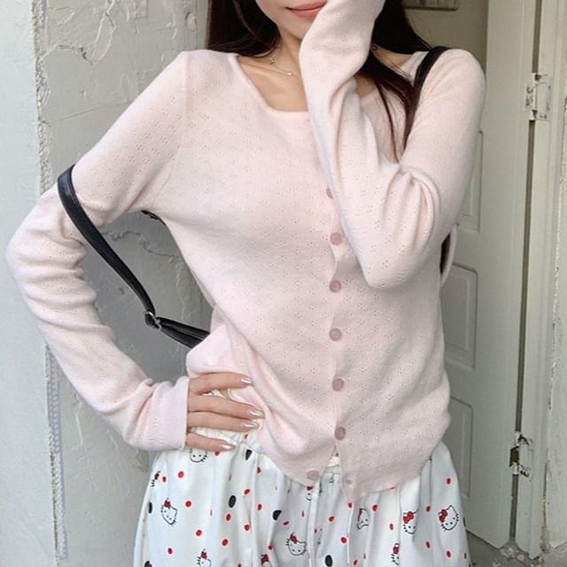 KUMI-Plain Pointelle Knit Cardigan