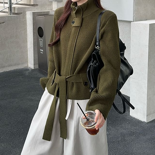 KUMI-Plain Ribbed Tie-Front Zip Cardigan